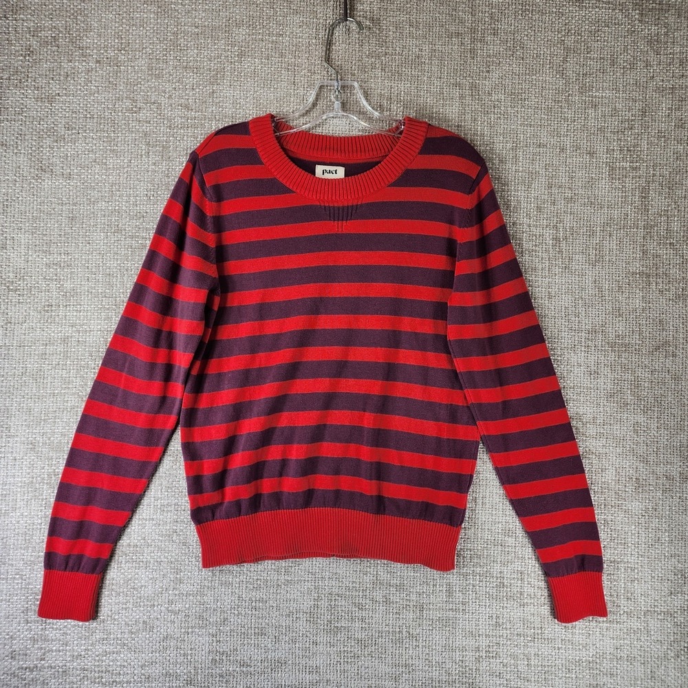 Pact Classic Crew Neck Sweater Womens M Purple Red Stripe Organic Cotton *Flaw